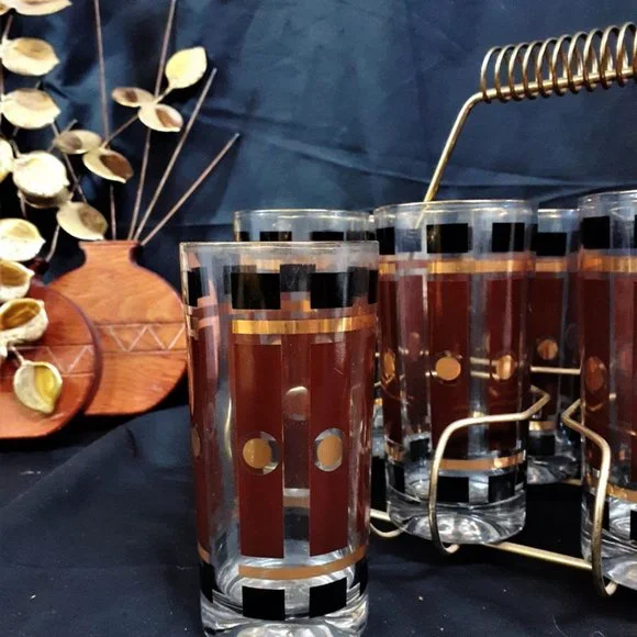 MCM Fred Press RARE Tom Collins Glasses set of 8 CADDY NOT INCLUDED